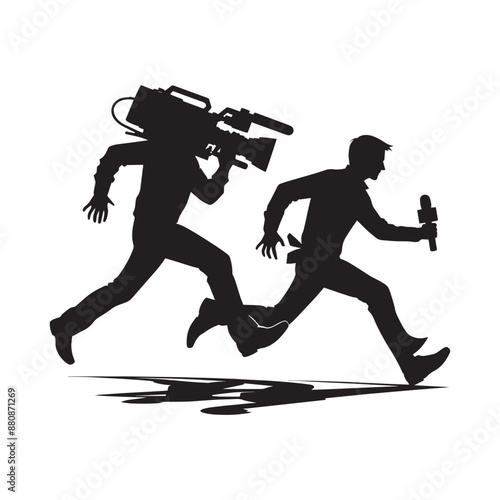 News reporter with cameraman silhouette vector isolated on a white background