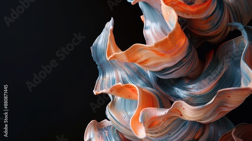 An abstract clay sculpture, pastel peaches and blues, close-up angle, dark black background photo