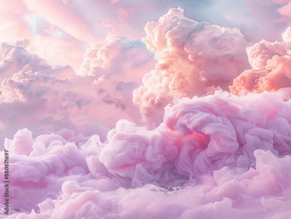 whimsical landscape of giant cotton candy clouds pastel pink and ...