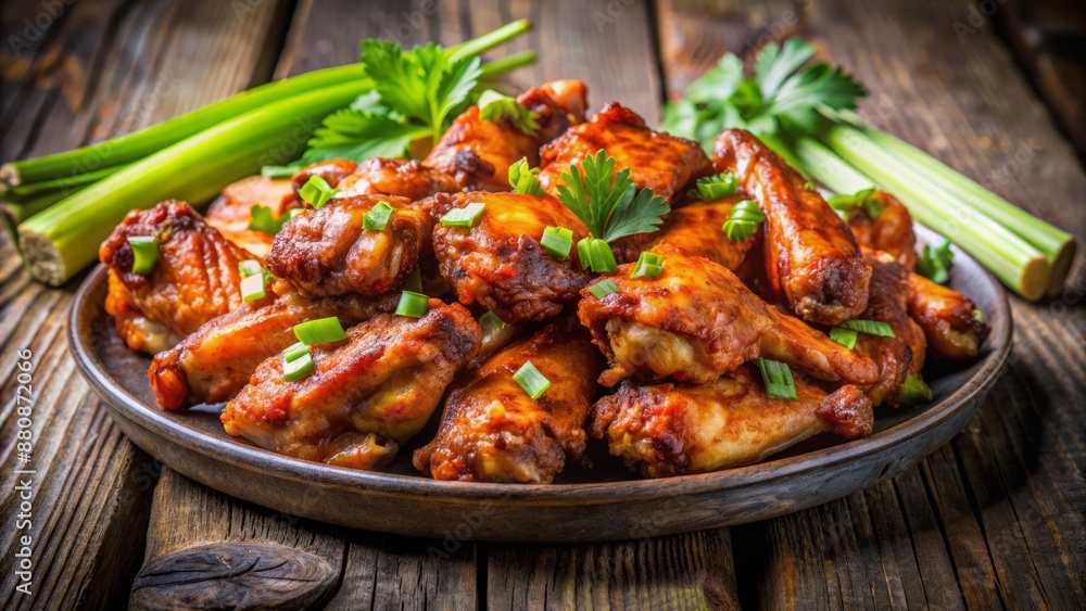 Sizzling spicy chicken wings overflowing from a platter, garnished with fresh parsley and served with celery sticks, against a rustic wooden background. Sizzling spicy chicken wings overflowing from a platter, garnished with fresh parsley and served with celery sticks, against a rustic wooden background.