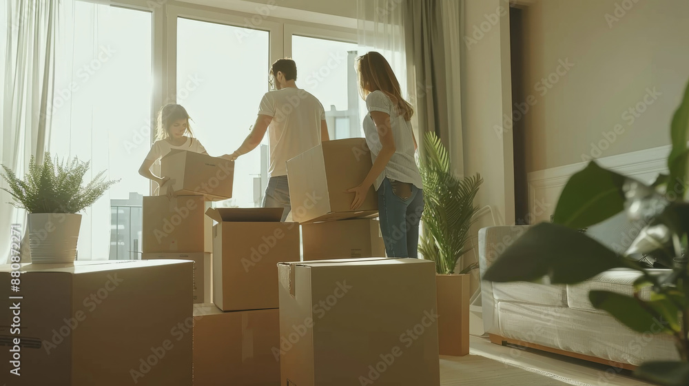 A family unpacking boxes in their cozy, naturally lit living room, marking the beginning of a new chapter in their new home. A family unpacking boxes in their cozy, naturally lit living room, marking the beginning of a new chapter in their new home.
