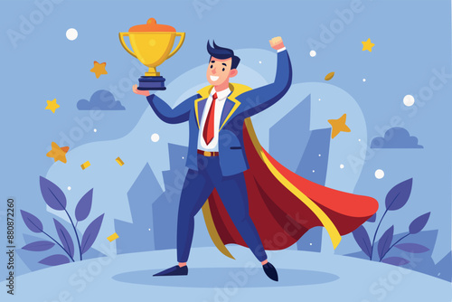First Place Winner: Successful Businessman Superhero Celebrates Award-Winning Achievement with Crown