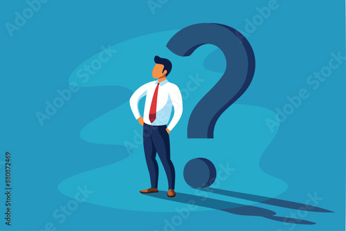 Questioning Life's Meaning: Curious Businessman Stares at Shadow Shaped as Question Mark, Symbolizing Confusion and Doubt