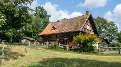 Traditional Wooden Farmhouse with Red Roof Tiles in the Countryside