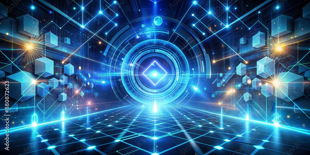Futuristic blue geometric shapes and swirling lights converge in a hypnotic abstract technology background, evoking innovation, digital connection, and neon-lit cyber futurescape. Futuristic blue geometric shapes and swirling lights converge in a hypnotic abstract technology background, evoking innovation, digital connection, and neon-lit cyber futurescape.