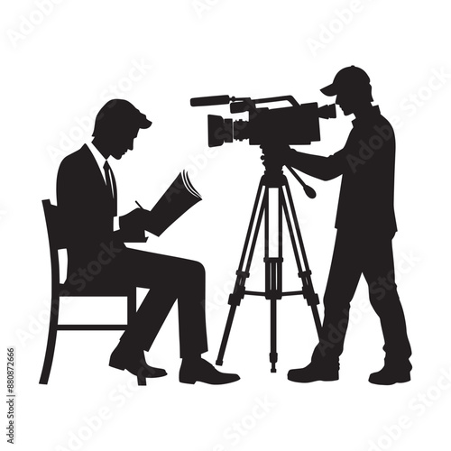 News reporter with cameraman silhouette vector isolated on a white background