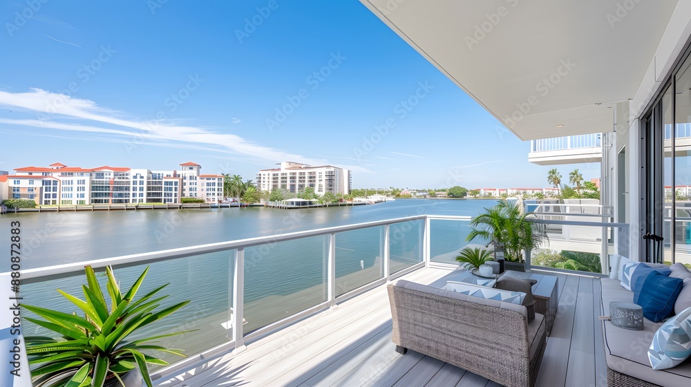 Fototapeta premium Modern Balcony with Breathtaking Water View
