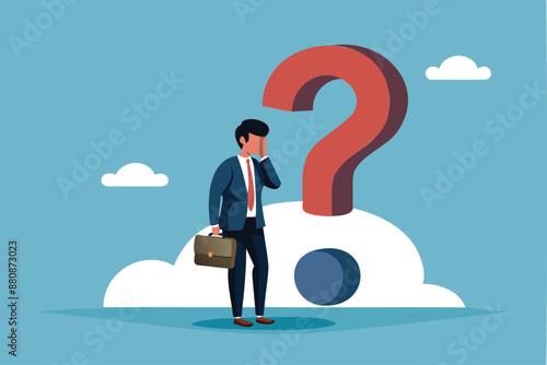 Questioning Life's Meaning: Curious Businessman Stares at Shadow Shaped as Question Mark, Symbolizing Confusion and Doubt