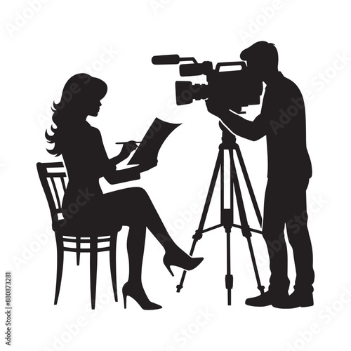 News reporter with cameraman silhouette vector isolated on a white background