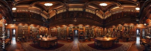 A Grand Library Interior - An image depicting a grand library with bookshelves lining the walls, a large wooden table in the center, and a balcony overlooking the main floor. - An image depicting a gr