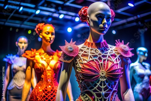 Vibrant haute couture garments fabricated by a futuristic 3D printing technology adorn a stylish mannequin, showcasing innovative fusion of fashion and cutting-edge innovation. photo