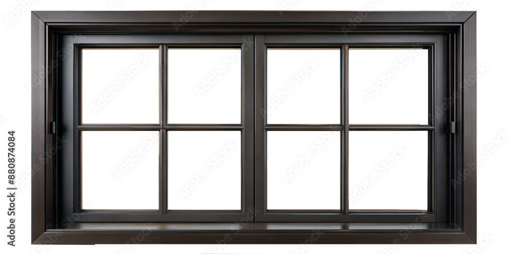 Obraz premium Horizontal black window frame with multiple panes isolated on transparent background with clipping path cut-out