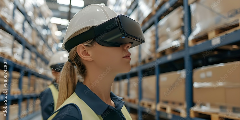Warehouse workers using AR glasses for augmented reality picking in fulfillment centers. Concept Augmented Reality in Fulfillment Centers, Warehouse Automation, AR Glasses for Picking Warehouse workers using AR glasses for augmented reality picking in fulfillment centers. Concept Augmented Reality in Fulfillment Centers, Warehouse Automation, AR Glasses for Picking