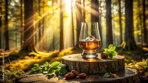 Whisky Bottle with Oak Forest Background. Perfect for: Beverage Photography, Commercial Advertising, High-End Designs photo