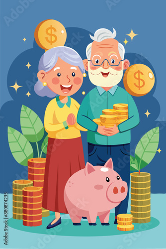 Retirement Savings: Happy Senior Couple with Stacked Coins and Piggy Bank, Symbolizing Financial Freedom and Security