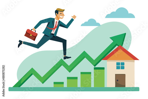 Rising Housing Prices: Businessman Runs on Ascending Green Graph Atop House Roof, Symbolizing Real Estate Growth