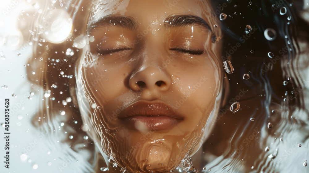 A peaceful face submerged underwater with reflective light creating a tranquil, dreamlike, and serene atmosphere. A peaceful face submerged underwater with reflective light creating a tranquil, dreamlike, and serene atmosphere.