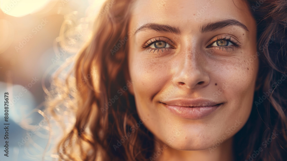 Woman’s glowing face smiling joyfully under soft sunlight, exhibiting natural beauty and happiness. Woman’s glowing face smiling joyfully under soft sunlight, exhibiting natural beauty and happiness.
