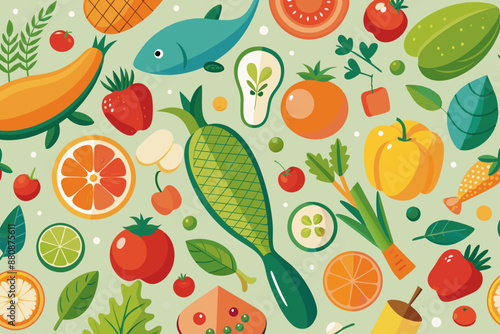 Set of fresh and healthy vegetables,Slices of fruit and vegetables.