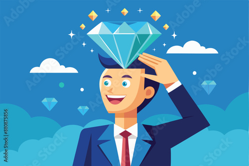 Self-Discovery Journey: Happy Businessman Finds Valuable Diamond Inside His Head, Symbolizing Inner Success