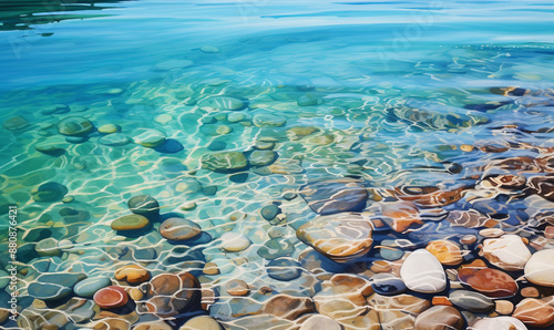 Fototapeta Naklejka Na Ścianę i Meble -  Beach with pebbles and rocks clear blue water