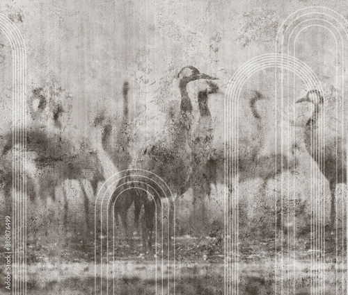 Textured background with beautiful cranes. Illustration for wallpaper, mural, poster, card, interior decoration.