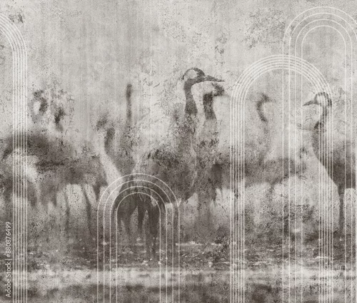 Obraz Textured background with beautiful cranes. Illustration for wallpaper, mural, poster, card, interior decoration.