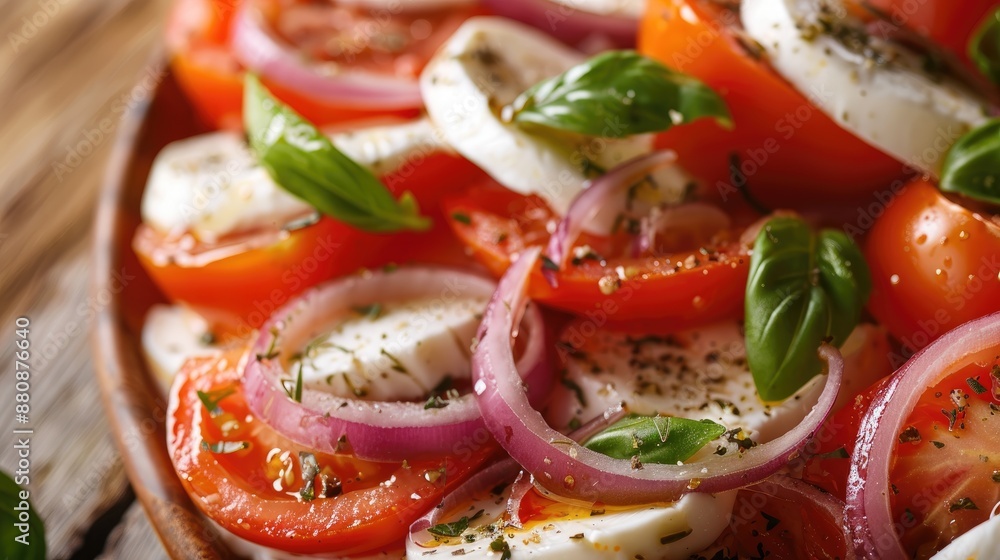 Mozzarella Tomato and Red Onion Summer Salad Wood backdrop Close up view Ample room for text Mozzarella Tomato and Red Onion Summer Salad Wood backdrop Close up view Ample room for text