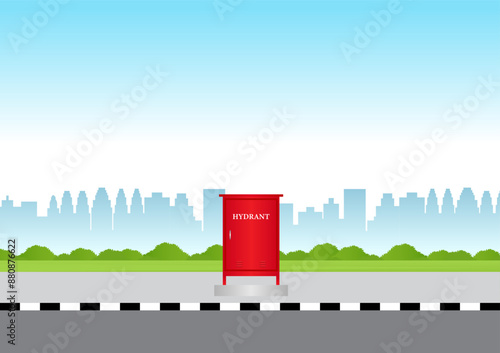 Fire Hydrant Box on the Road Side. Red Fire Hydrant. Vector Illustration. 