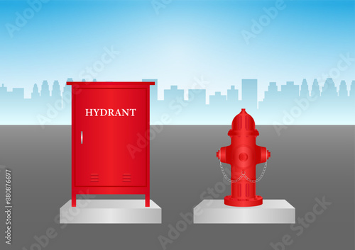 Hydrant Box and Fire Hydrant in Parking Lot. Vector Illustration. 