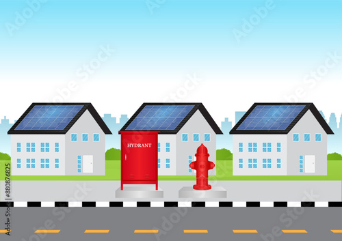 Hydrant Box and Fire Hydrant on the Road Side. Vector Illustration. 