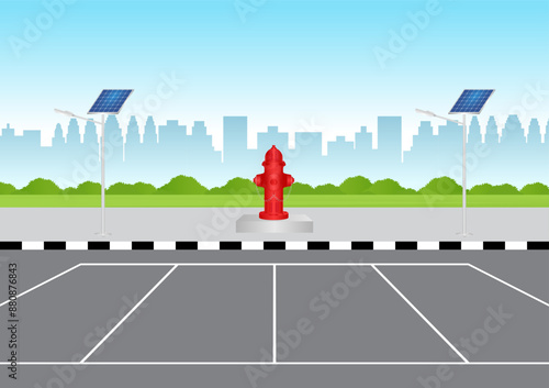 Red Fire Hydrant in Parking Lot. Vector Illustration.