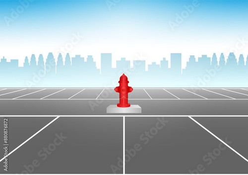 Red Fire Hydrant in Parking Lot. Vector Illustration.