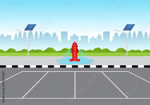 Red Fire Hydrant in Parking Lot. Vector Illustration.