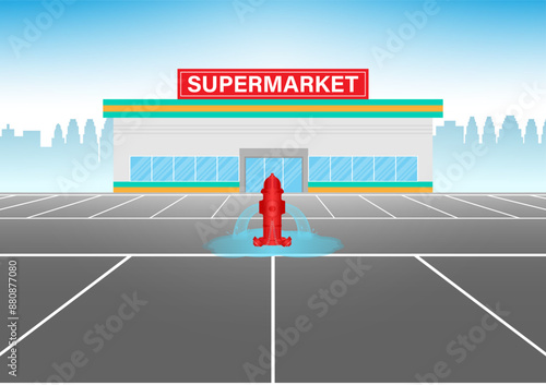 Red Fire Hydrant in Parking Lot. Vector Illustration.