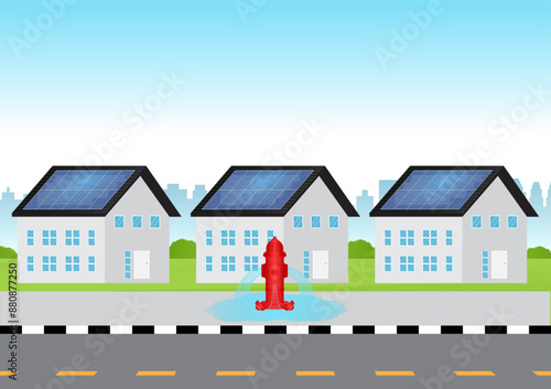 Red Fire Hydrant on the Road Side. Vector Illustration. 