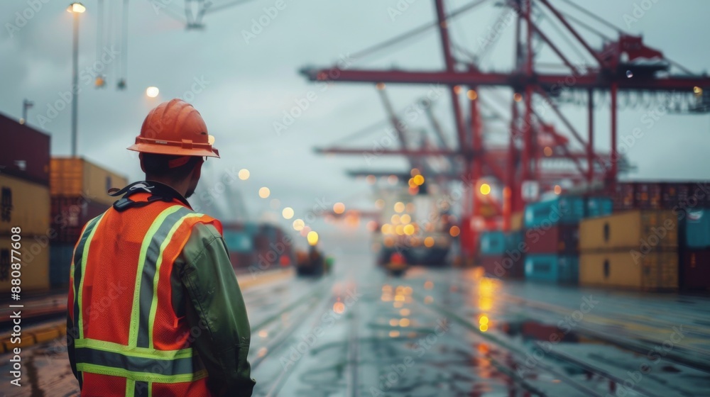 A port worker checking container numbers, cranes and ships in constant motion behind A port worker checking container numbers, cranes and ships in constant motion behind
