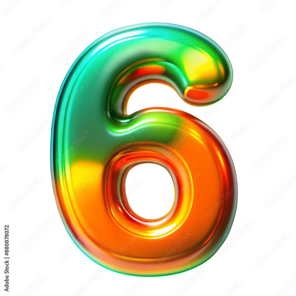 Colorful glass number 6 isolated on transparent background with clipping path cut-out Colorful glass number 6 isolated on transparent background with clipping path cut-out