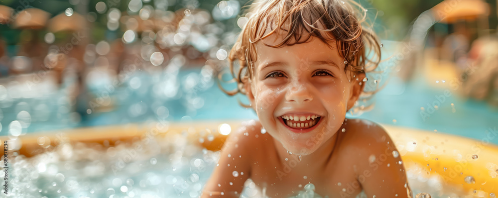 View of a child having fun in aquapark. Family vacation and childhood concept. View of a child having fun in aquapark. Family vacation and childhood concept.