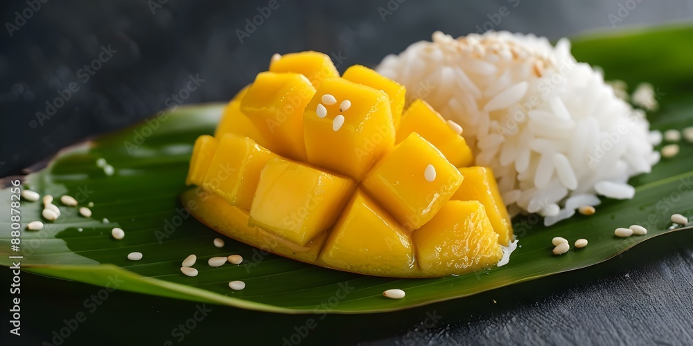 Closeup of mango sticky rice with sesame seeds on a banana leaf. Concept Food Photography, Thai Desserts, Closeup Shots, Fresh Ingredients, Vibrant Presentation Closeup of mango sticky rice with sesame seeds on a banana leaf. Concept Food Photography, Thai Desserts, Closeup Shots, Fresh Ingredients, Vibrant Presentation