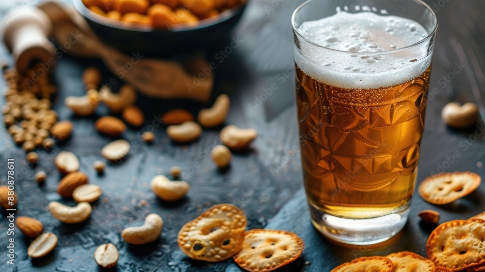 Light beer in glass with snacks on dark surface Light beer in glass with snacks on dark surface