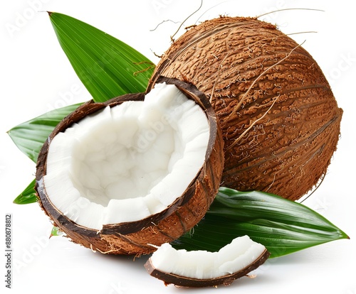 Hyper-realistic coconut with leaf isolated on white background, featuring full depth of field and focus stacking. High-resolution PNG format with clipping path for versatile use in design and culinary
