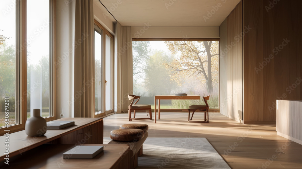 Fototapeta premium Sunlight filters through large windows into a serene, minimalist room with wooden furniture and a tranquil garden view.