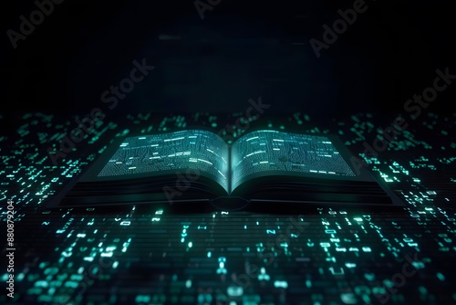 Open book with glowing text surrounded by floating data in a dark futuristic setting photo