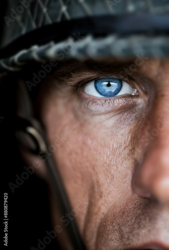 Close-up of a veteran's blue eye under a helmet, showcasing courage, sacrifice, and honor for Veterans Day. Perfect for commemorative and patriotic themes.