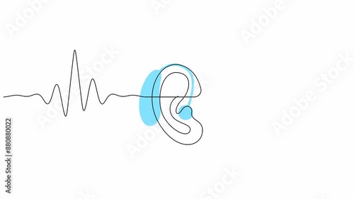 Self drawing animation of hearing aid in human ear drawn by continuous one line. Hearing device with sound waves minimal single line illustration. International week of the deaf. photo