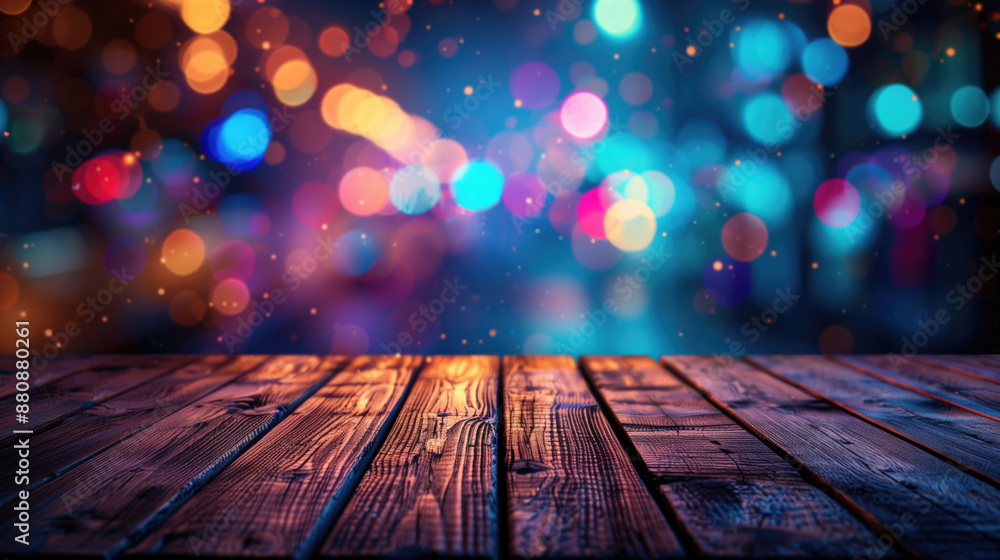 Empty wooden table with neon light bokeh background, night view, blurred bokeh lights background, generative ai Empty wooden table with neon light bokeh background, night view, blurred bokeh lights background, generative ai