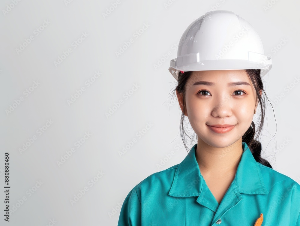 Young female engineer wearing a hard hat and uniform, smiling confidently, representing women in engineering and construction industries. Young female engineer wearing a hard hat and uniform, smiling confidently, representing women in engineering and construction industries.