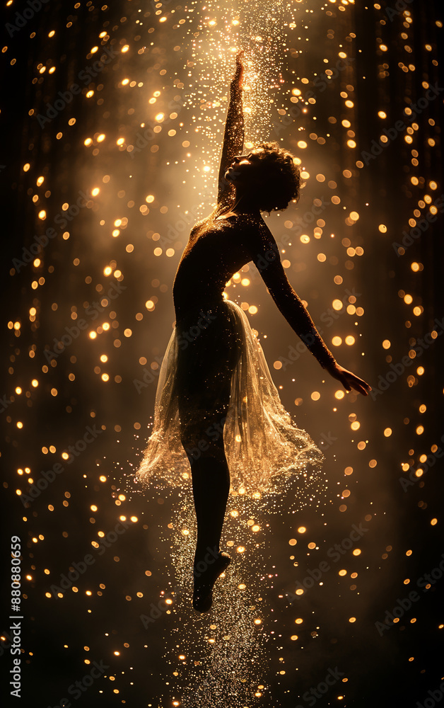 Obraz premium Digital image showing aerial ballet, dancers soaring gracefully, against a backdrop of twinkling stars, like a fairyland.