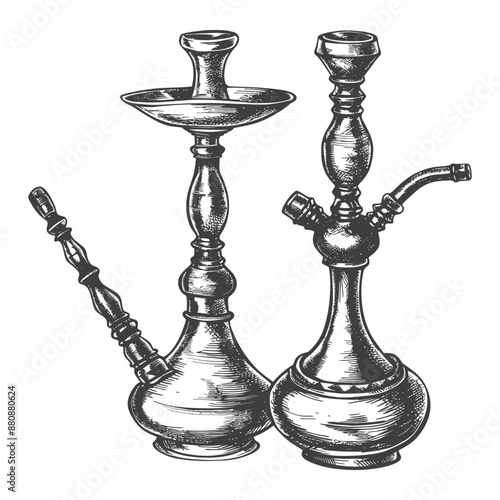 Hand-Drawn Vintage Hookah Set: Elegant Metal Design, Two Styles